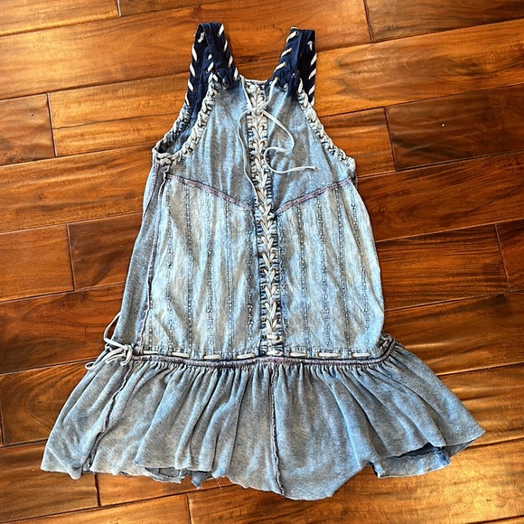 Free People Blue Denim Mini Sleeveless Dress XS with Tie Lace Detailing - Picture 5 of 7